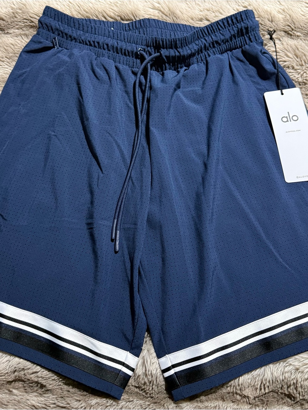 ALO Yoga Men’s Navy Athletic Shorts with Contrast Hem Stripes